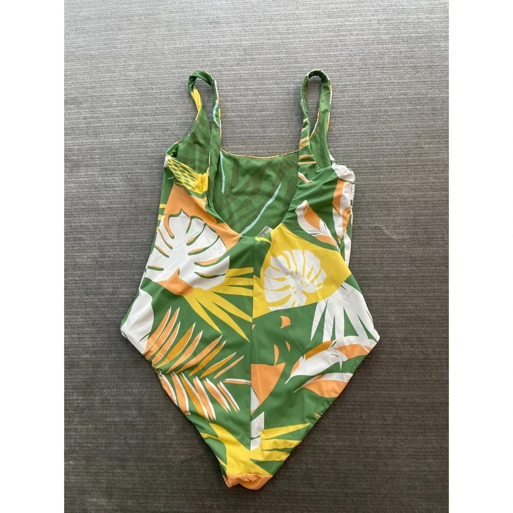 Roxy One Piece Bathing‎ Suit Women XL Green Palm Reversible Vacation High Cut